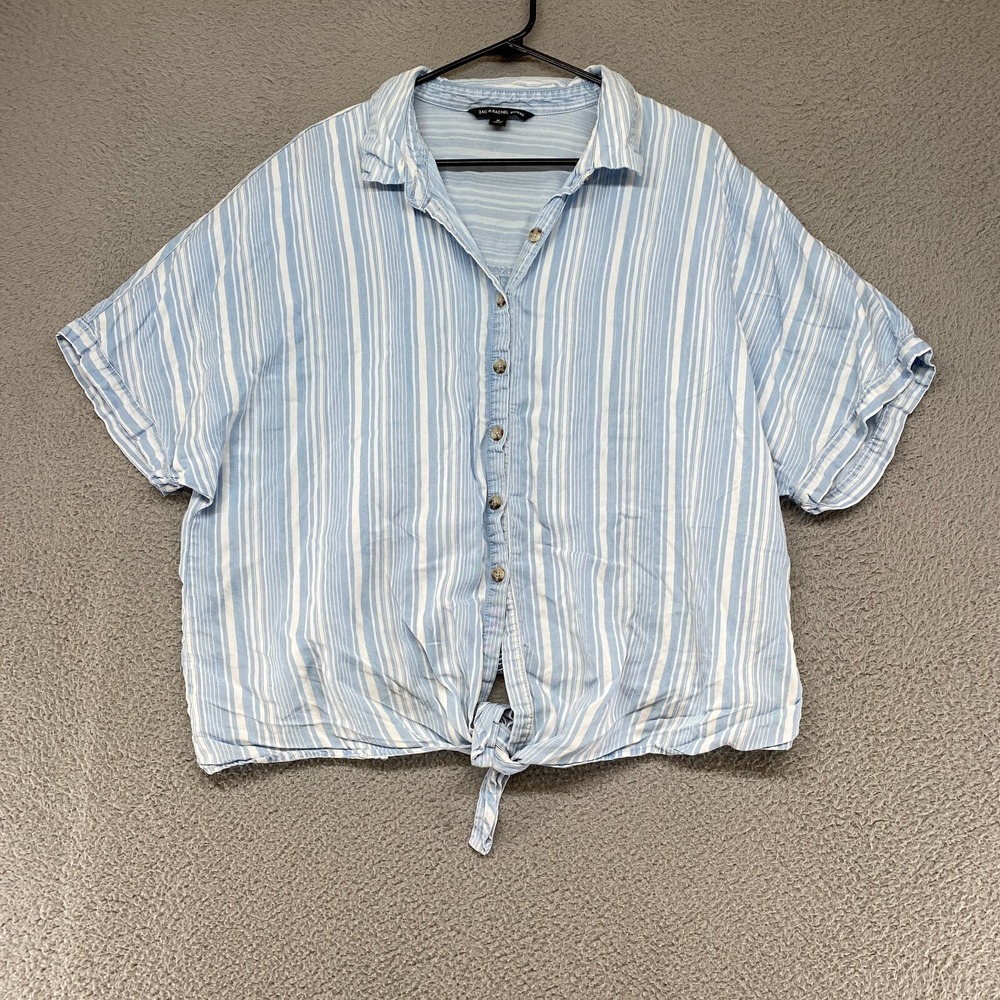 Zac & Rachel Top‎ Womens 1X Striped Button Up Cropped Blue Short Sleeve Boxy